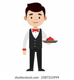 cartoon waiter in uniform with a tray in his hand.Waiter profession. Isolated on white background. Front  view .Vector illustration. 