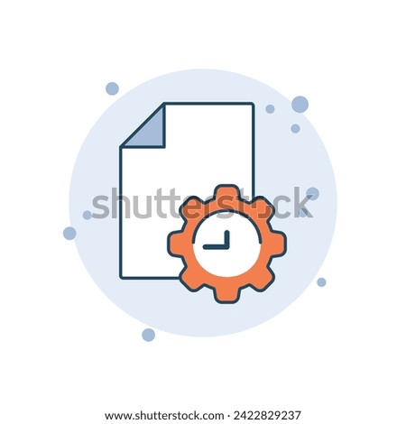 Cartoon waiting list icon vector illustration. Clock with gear icon on bubbles background. Document sign concept.