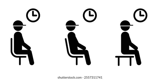 Cartoon waiting room icon. Doctor, office, patient waiting room with clock and chair. A waiting room or reception area is a room where people sit or stand for an appointment they are waiting for.