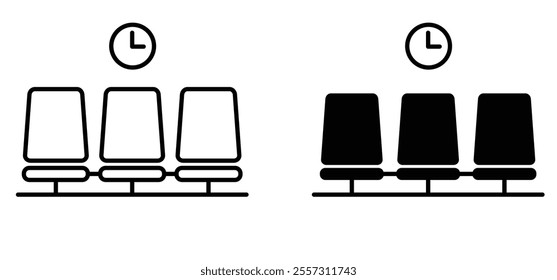 Cartoon waiting room icon. Doctor, office, patient waiting room with clock and chair. A waiting room or reception area is a room where people sit or stand for an appointment they are waiting for.