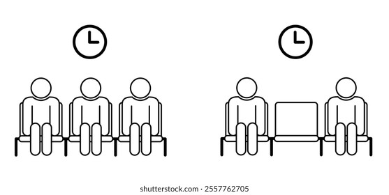 Cartoon waiting room icon. Doctor, office, patient waiting room with clock and chair. A waiting room or reception area is a room where people sit or stand for an appointment they are waiting for.