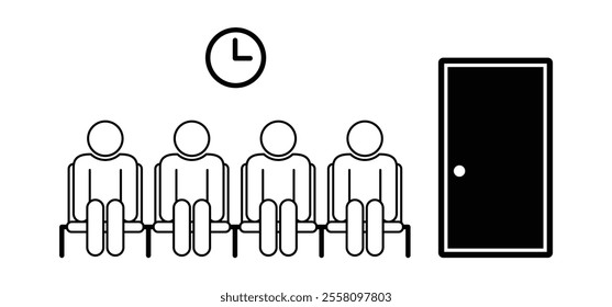 Cartoon waiting room icon. Doctor, office, patient waiting room with clock and chair. A waiting room or reception area is a room where people sit or stand for an appointment they are waiting for.