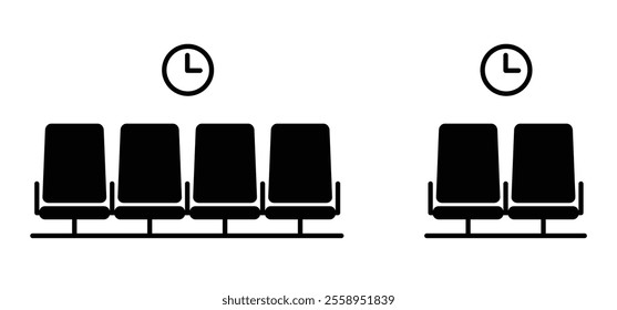 Cartoon waiting room icon. Doctor, office, patient waiting room with clock and chair. A waiting room or reception area is a room where people sit or stand for an appointment they are waiting for.