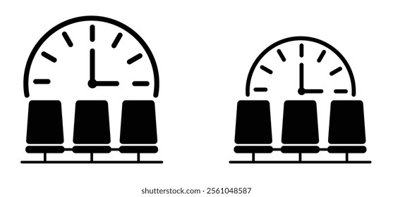 Cartoon waiting room icon. Doctor, office, patient waiting room with clock and chair. A waiting room or reception area is a room where people sit or stand for an appointment they are waiting for.