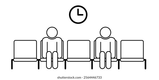 Cartoon waiting room icon. Doctor, office, patient waiting room with clock and chair. A waiting room or reception area is a room where people sit or stand for an appointment they are waiting for.