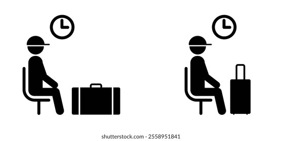 Cartoon waiting room and travel case or trolley case. Waiting room with clock and chair. A waiting room area is a room where people sit or stand for the bus, train of on airport with travelling bag.