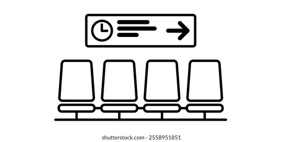 Cartoon waiting room and travel case or trolley case. Waiting room with clock and chair. A waiting room area is a room where people sit or stand for the bus, train of on airport with travelling bag.