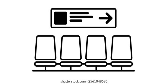 Cartoon waiting room and travel case or trolley case. Waiting room with clock and chair. A waiting room area is a room where people sit or stand for the bus, train of on airport with travelling bag.