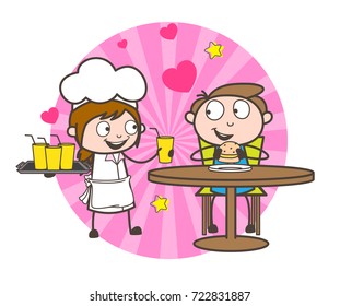 Cartoon Waitress and Boy Having Drink Together Vector Illustration