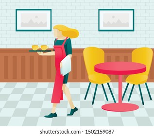 Cartoon Waitress Character in Red Aprone Carrying Tray with Cups. Woman in Uniform Clearing Table after Visitors, Taking Away Empty Dishes. Cafe, Fast Food Cafeteria Interior. Vector Flat Illustration