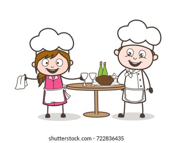 Cartoon Waitress with Chef Preparing Food on Table Vector Illustration