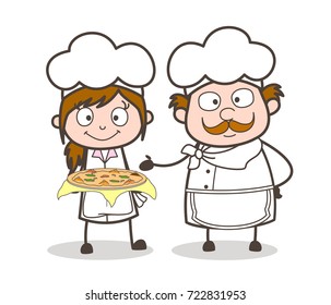Cartoon Waitress and Chef Presenting Pizza Vector Illustration