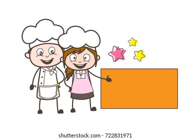 Cartoon Waitress and Chef Showing a Blank Banner Vector Illustration