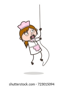 Cartoon Waitress Climbing Rope in Training Vector Concept