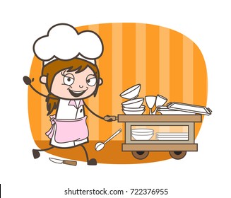 Cartoon Waitress Completed Dishwashing Vector Illustration