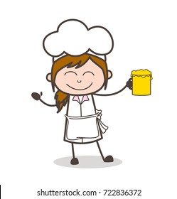 Cartoon Waitress Dancing with Glass of Beer Vector Illustration