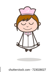 Cartoon Waitress Doing Meditation Vector Illustration