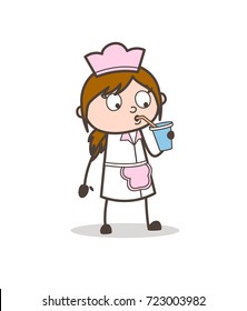 Cartoon Waitress Drinking Beverage Vector Illustration