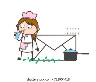 Cartoon Waitress Drinking Juice Vector Concept