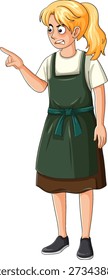 Cartoon waitress in green apron angrily pointing sideways, full-length character on white background