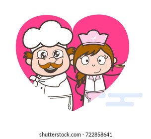 Cartoon Waitress with Leader Chef Vector Illustration