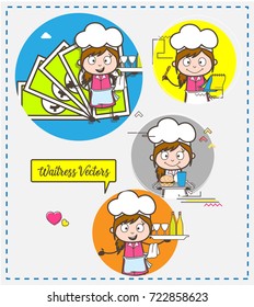 Cartoon Waitress with Many Concepts Vector Set