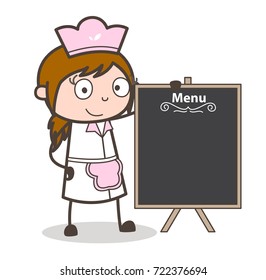 Cartoon Waitress with Menu Banner Vector Illustration