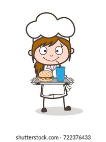 Cartoon Waitress Presenting Drink and Burger Vector Illustration