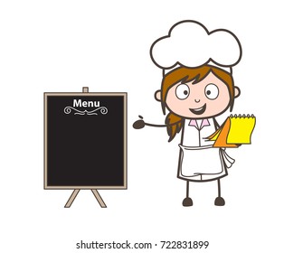 Cartoon Waitress Presenting a Menu List Vector Illustration