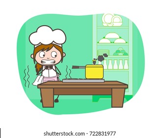 Cartoon Waitress Scaring to Presser-Cooker Vector Illustration