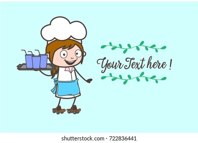 Cartoon Waitress Skating with Drinks Vector Illustration