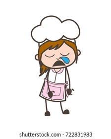Cartoon Waitress Sleepy Face with Running Nose Vector Illustration