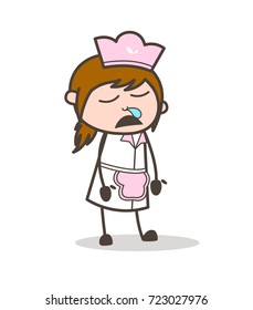Cartoon Waitress Sleepy Face Vector Illustration