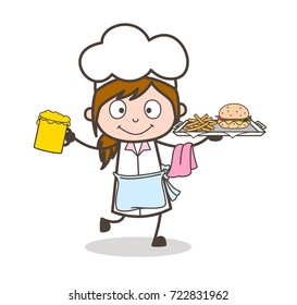 Cartoon Waitress with Snacks and Beer Glass Vector Illustration