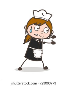 Cartoon Waitress Trying to Push Vector Pose