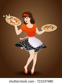 Cartoon waitress with two pizzas, vector illustration in pin up style