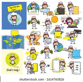 Cartoon Waitress with Various Concepts - Different Vector illustrations