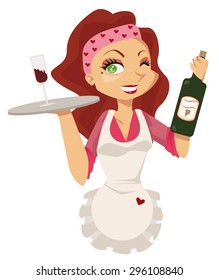 Cartoon waitress winking serving a tray with a glass and a bottle of wine