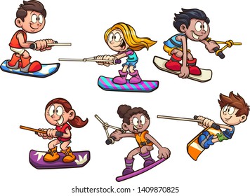 Cartoon wake boarding kids clip art. Vector illustration with simple gradients. Some elements on separate layers. 
