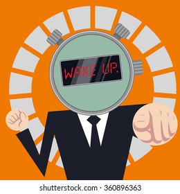 cartoon wake up digital alarm clock businessman pointer, vector, illustration  