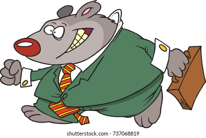 cartoon walking bear in a business suit carrying a briefcase