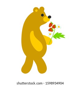 Cartoon walking bear with strawberry vector icon isolated on the white background