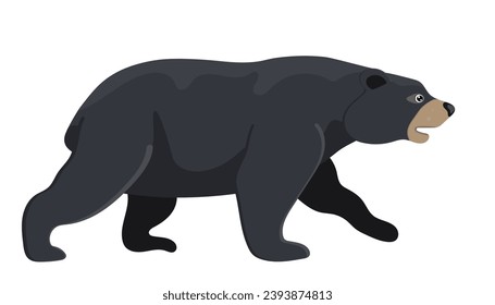 Cartoon walking black bear, wild nature, huge adult grizzly, cute design logo. Hunting predator, forest carnivore. Graphic logo. Isolated on white background. Vector illustration