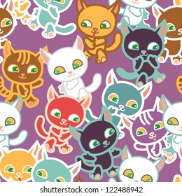 cartoon walking colorful cats seamless pattern with purple background