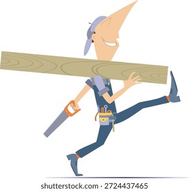 Cartoon walking construction worker with hacksaw and wood board on the shoulder