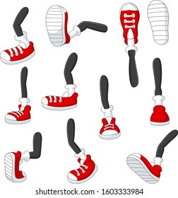 Cartoon walking feet in red sneakers on stick legs in various positions