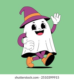 Cartoon walking ghost with witch hat vector