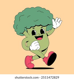 Cartoon walking happy broccoli raise hand 