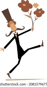 Cartoon walking man with a bunch of flowers illustration. Long mustache man in the top hat holding a bunch of flowers isolated on white