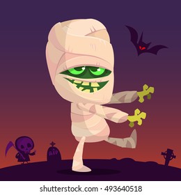 Cartoon walking mummy character. Vector clip art illustration of mummy monster for Halloween isolated on night background with cemetery, tombs and walking zombie silhouette